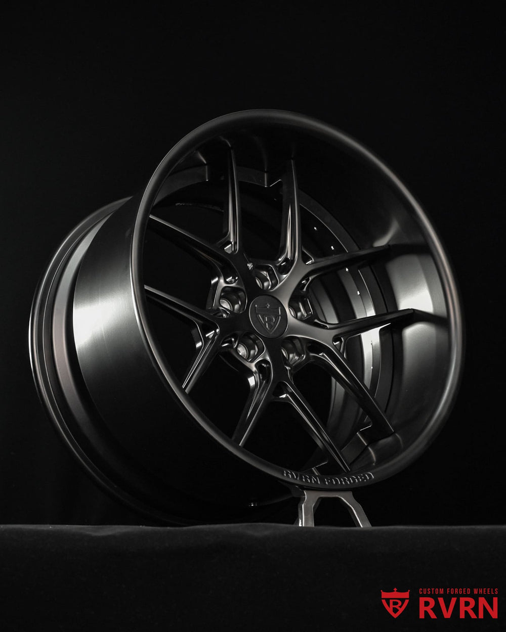Rear profile view of Dodge Challenger deep dish rims, custom forged RV-DR08D wheels in 20x12 with deep lip construction