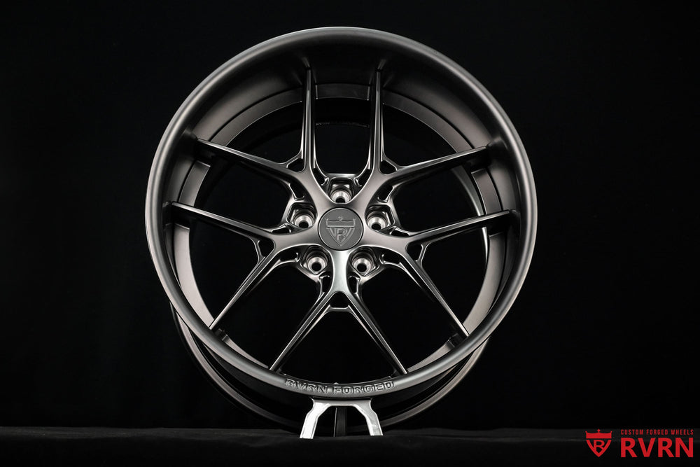 RVRN Wheels RV-DR08D Y-spoke forged wheels for Dodge Challenger, all matte black finish with custom offset configuration
