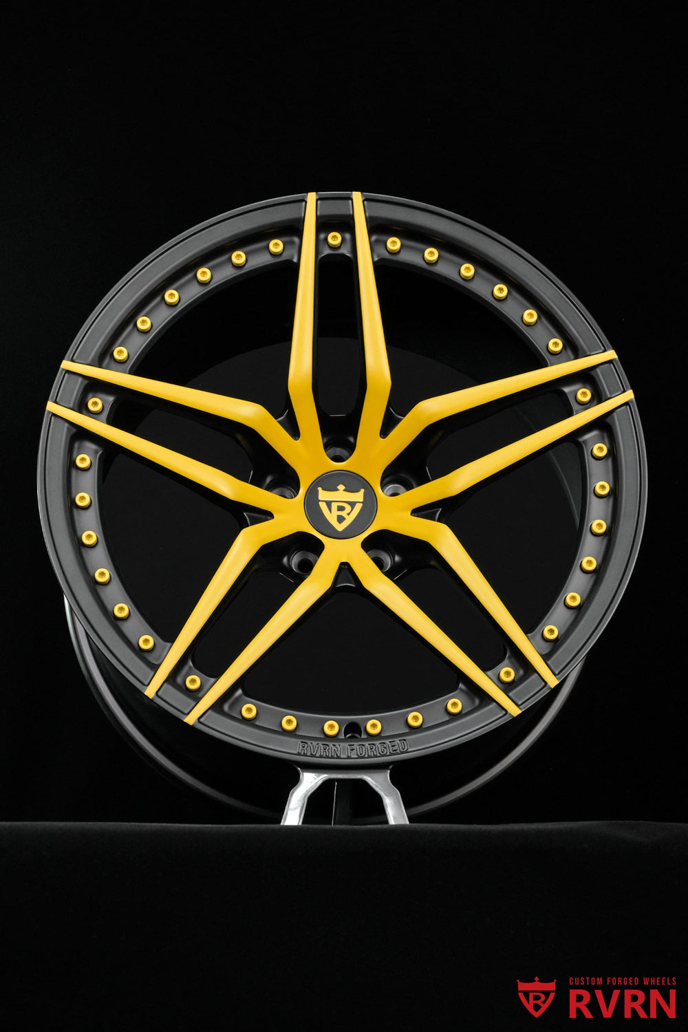 2017 Dodge Challenger on RVRN RV-MP03 custom forged wheels featuring a 5-star concave design, matte black barrel and yellow spoke accents, 20x9.5 and 20x11
