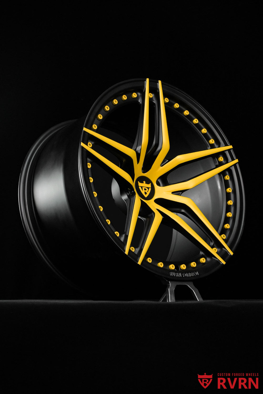 Matte black Dodge Challenger rims by RVRN RV-MP03 with a concave 5-star spoke design and custom yellow details, sized 20x9.5 and 20x11