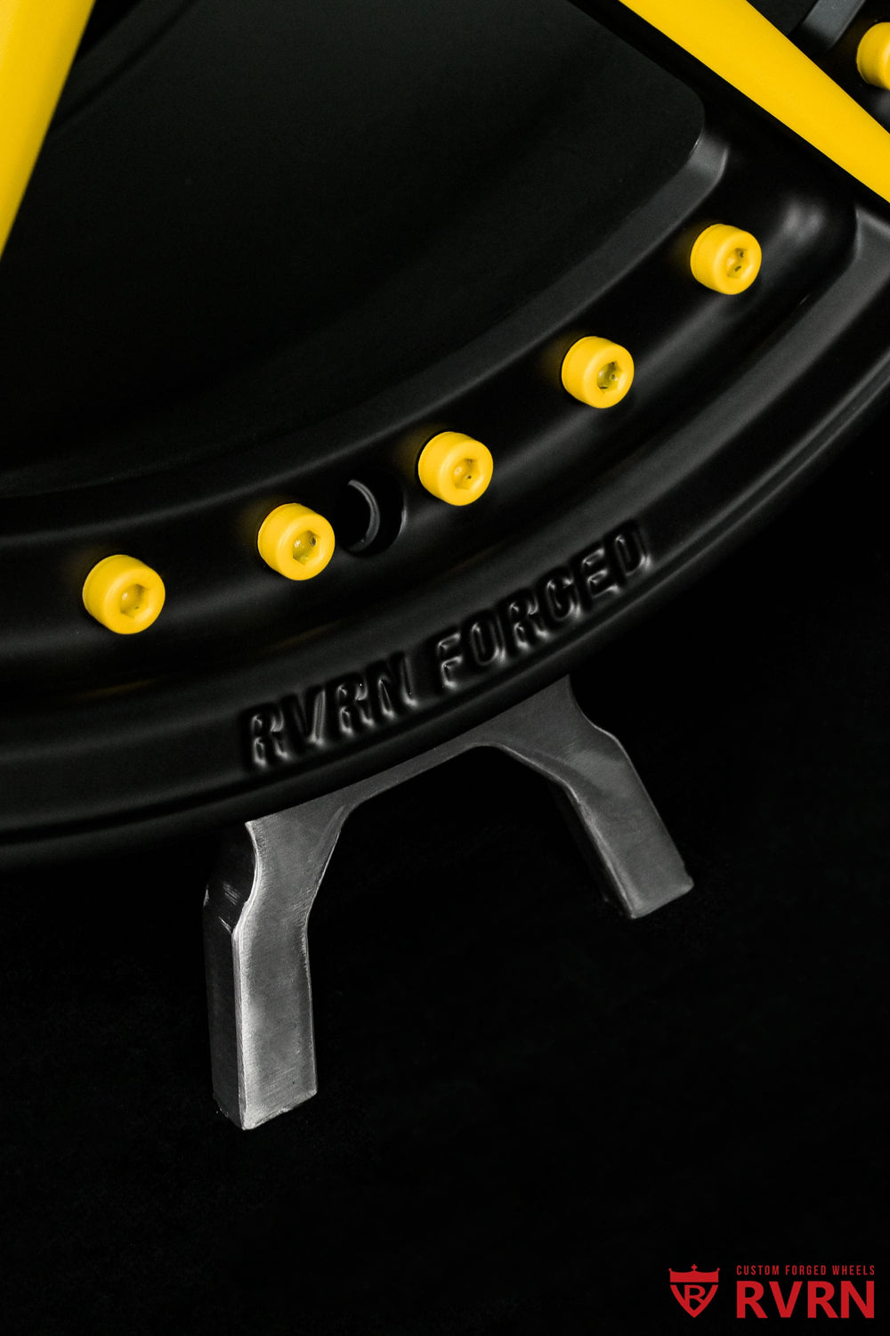 RVRN RV-MP03 Dodge Challenger wheels combining a matte black finish with custom yellow spoke accents and concave styling, 20x9.5 front and 20x11 rear