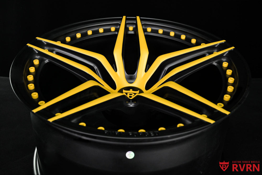 RVRN RV-MP03 Dodge Challenger rims with 5-star concave forged design, matte black finish and custom yellow accents, 20x9.5 front and 20x11 rear