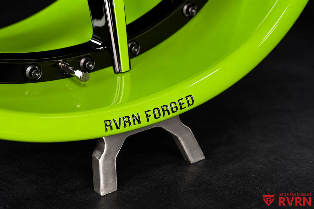 2017 Dodge Charger Daytona 392 Wide Body RV-DS74 Deep Dish 2-Piece Forged wheels with Gloss Black Spoke and custom color-matched Green Go Barrel, paired front face view showing the deep-dish construction and black assembly hardware