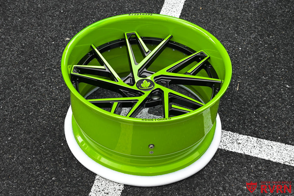 2017 Dodge Charger Daytona 392 Wide Body RV-DS74 Deep Dish 2-Piece Forged wheels with Gloss Black Spoke and custom color-matched Green Go Barrel, elevated outdoor view showing the deep-dish lip, wide barrel, and black spoke structure