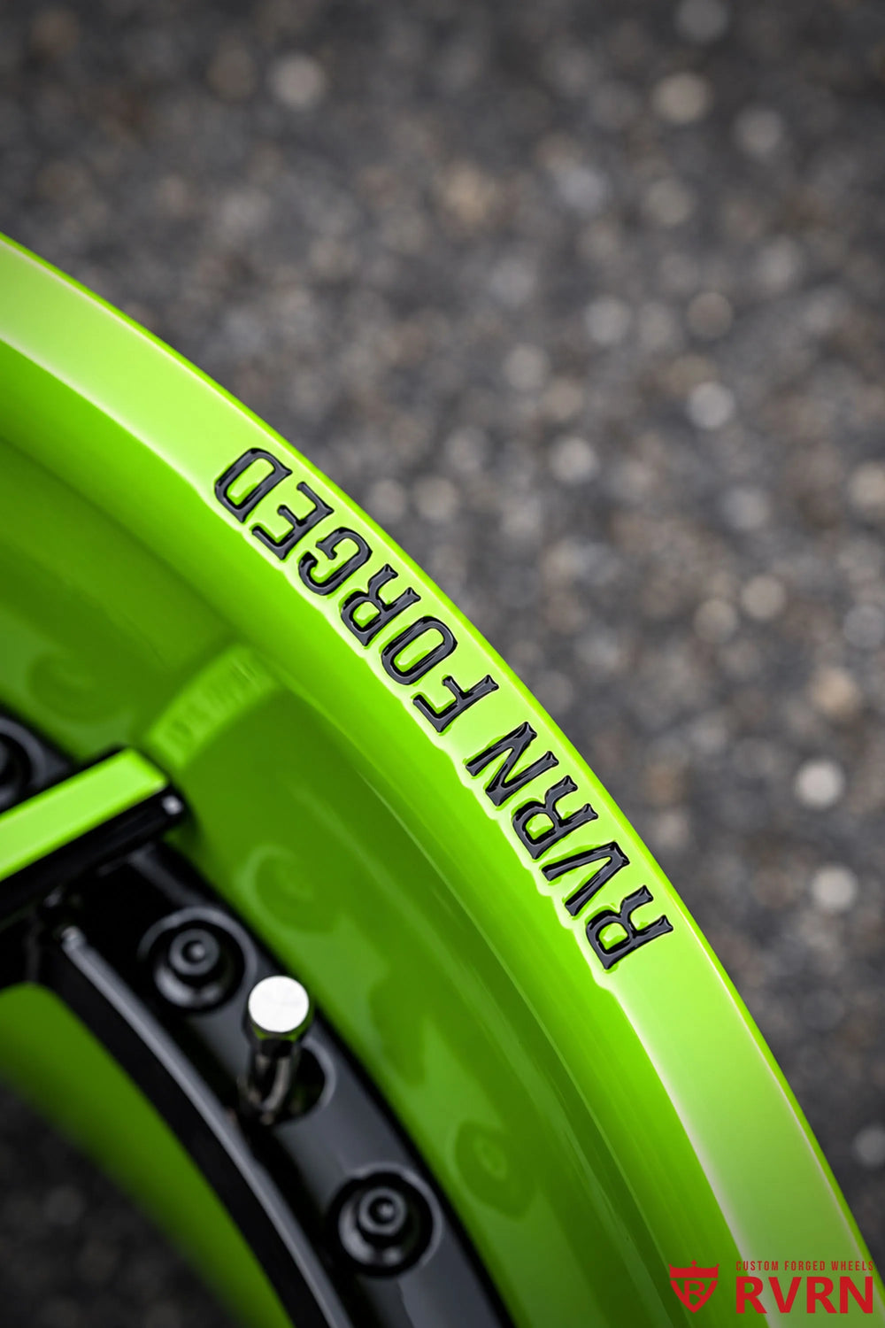 2017 Dodge Charger Daytona 392 Wide Body RV-DS74 Deep Dish 2-Piece Forged wheel detail showing the Green Go lip engraving, black hardware ring, gloss black spoke surfaces, and deep-dish rim depth