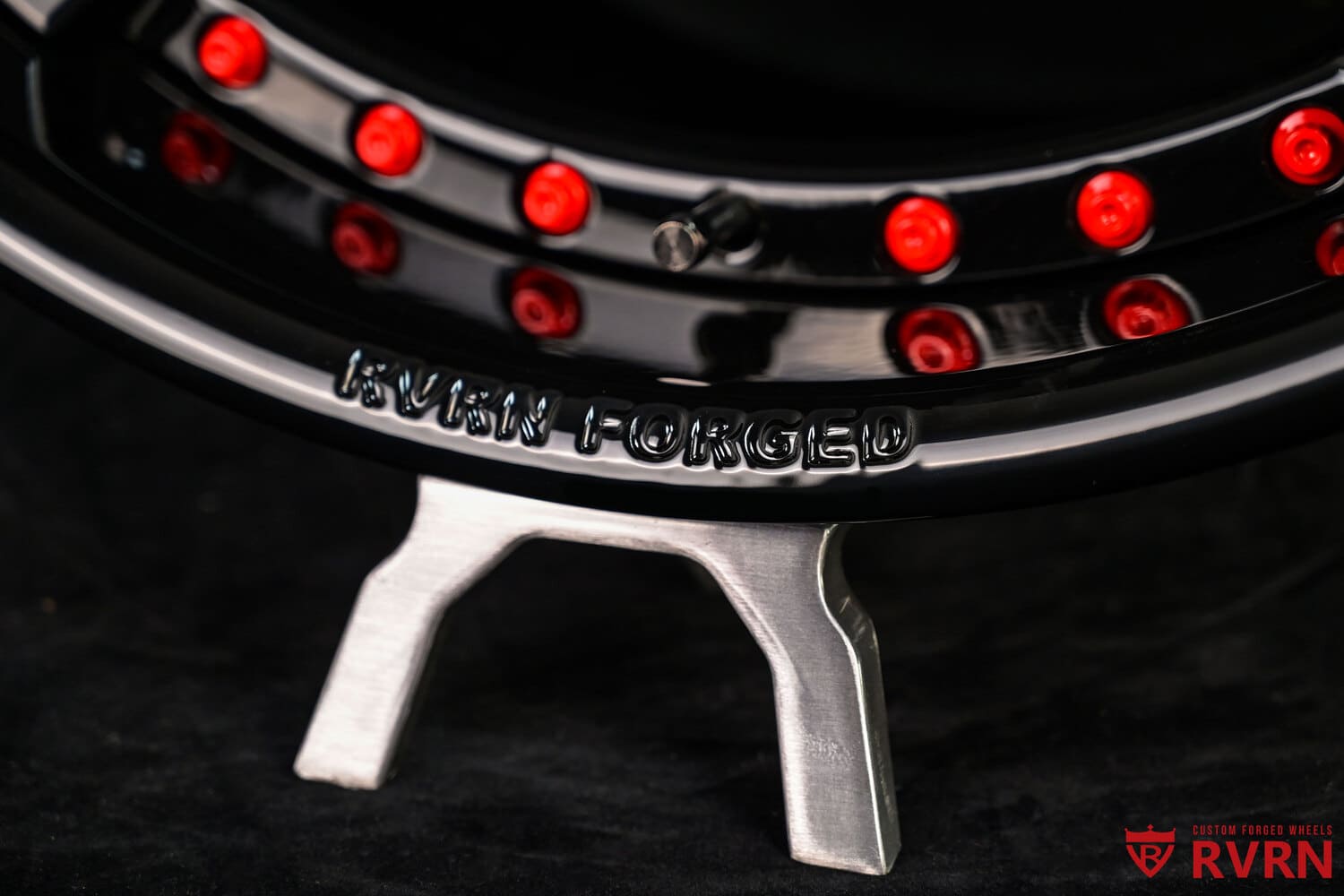 	RVRN forged wheel with RVRN red screws, performance detail shot