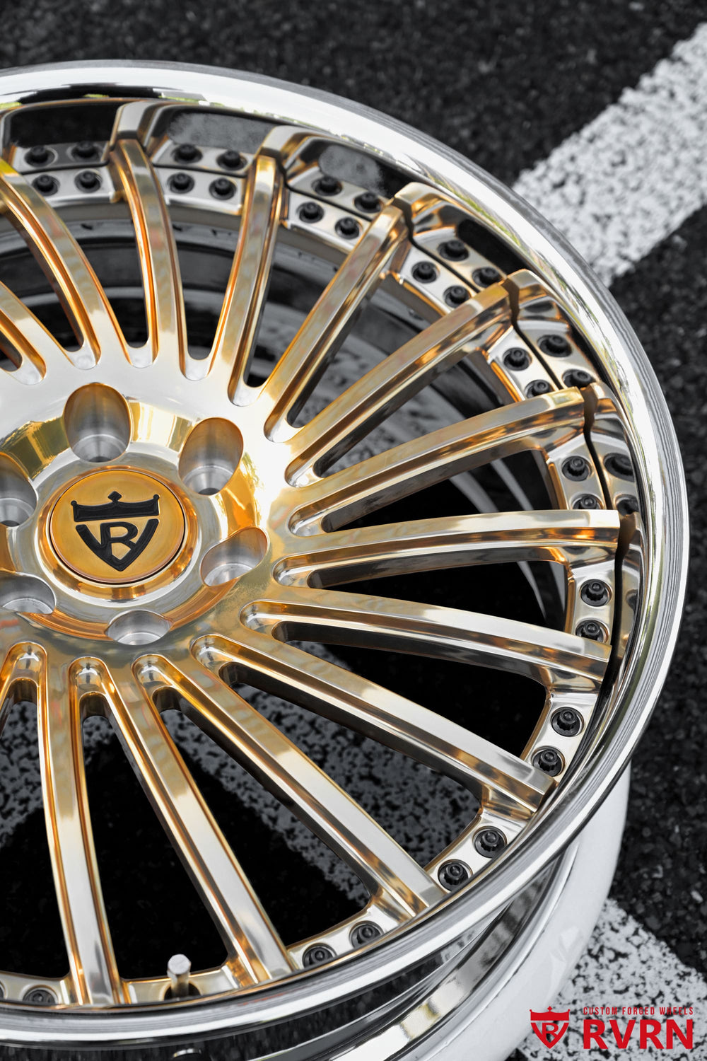 Chrome barrel detail of RVRN RV-DN01 custom forged GMC wheels engineered for OEM brake clearance.