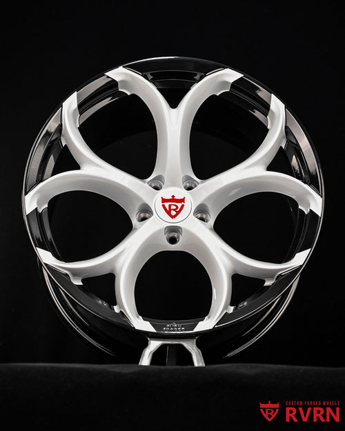 RV-MS016 forged wheel front view showing ivory white spokes and gloss black barrel for 2017 Jaguar F Type