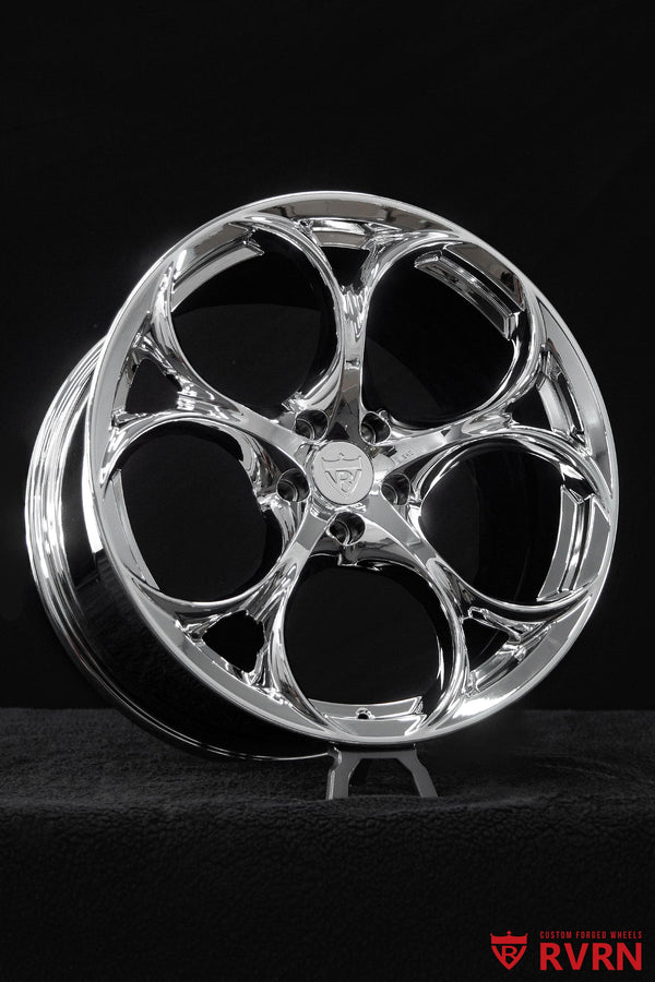 Detailed view of the RVRN RV-MS016 custom forged wheel in an all chrome finish, designed for the 2017 Maserati Gran Turismo Sport with 20x8.5 front fitment.