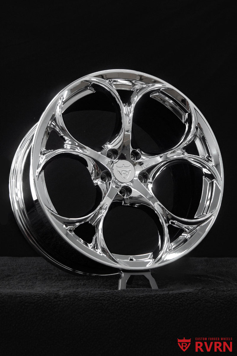 Detailed view of the RVRN RV-MS016 custom forged wheel in an all chrome finish, designed for the 2017 Maserati Gran Turismo Sport with 20x8.5 front fitment.
