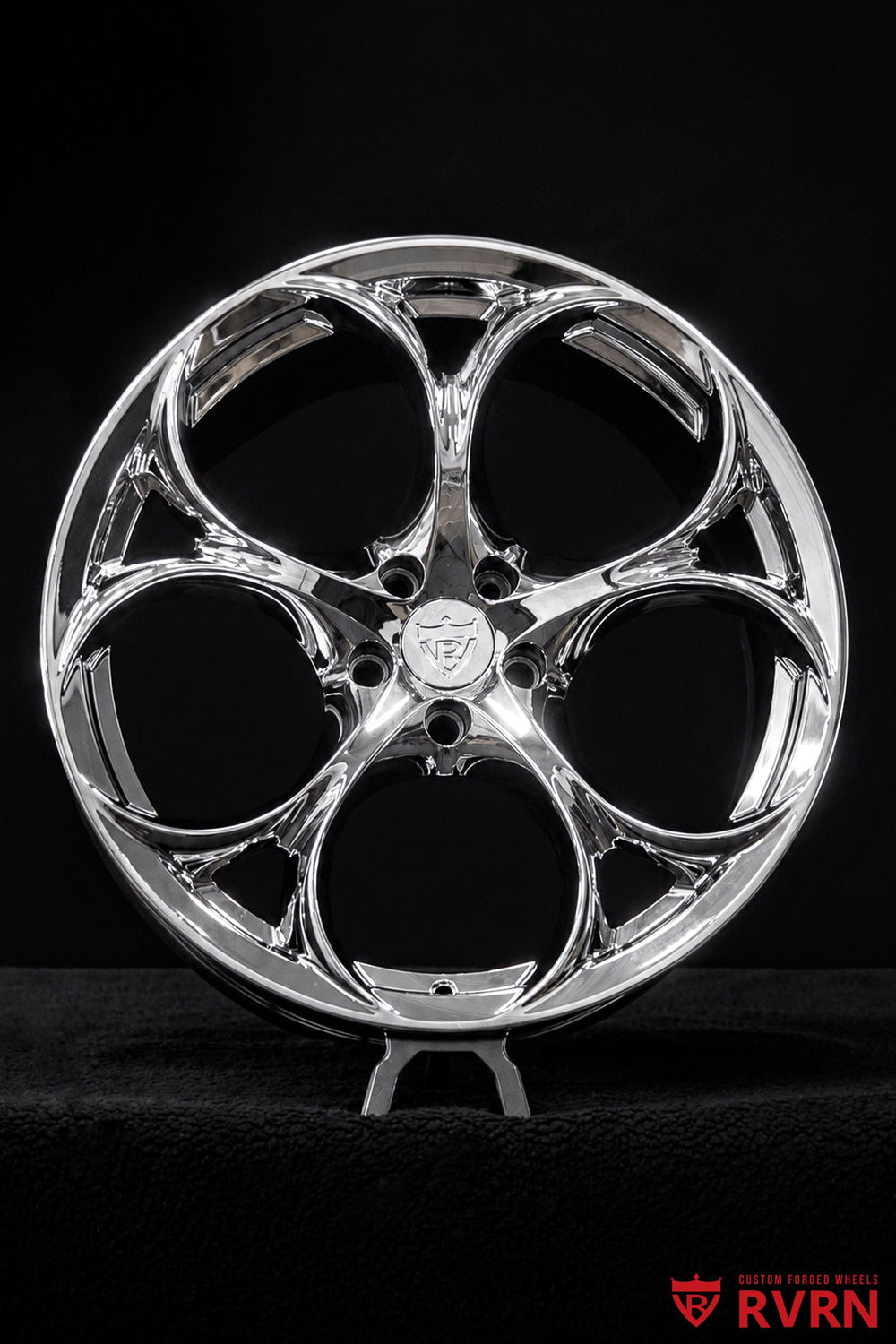 Front three-quarter view of 2017 Maserati Gran Turismo Sport on RVRN RV-MS016 custom forged wheels, finished in all chrome, 20x8.5 front and 20x10.5 rear.