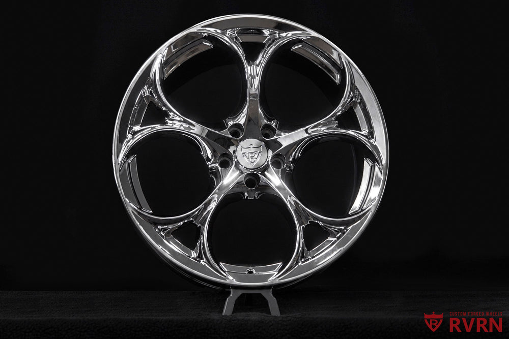 Front view of RVRN RV-MS016 Maserati Gran Turismo forged wheels in an all chrome finish, custom built for 20x8.5 front fitment on a 2017 Gran Turismo Sport.