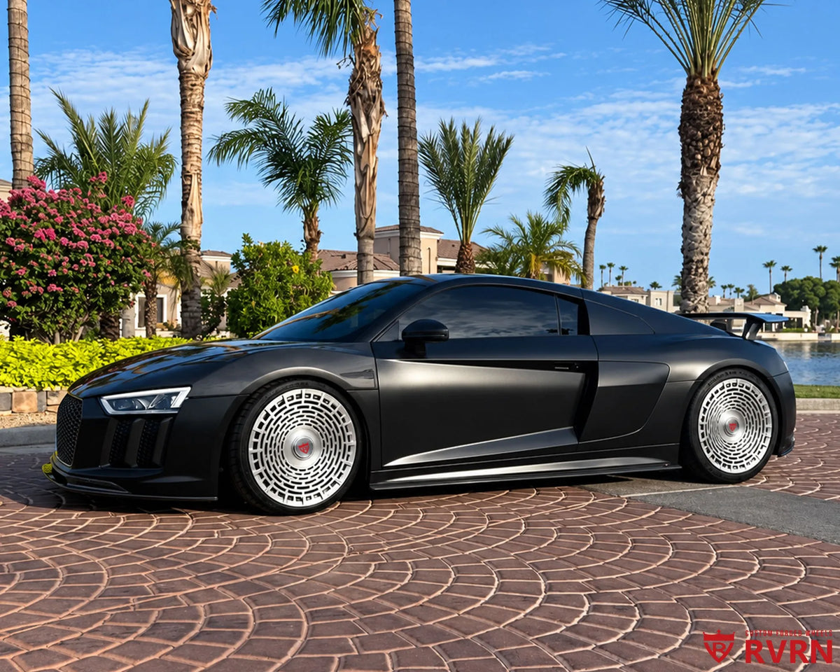 2017 Audi R8 Base in black on RVRN RV-MD02 forged monoblock wheels with a full brushed aluminum finish, front three-quarter view.