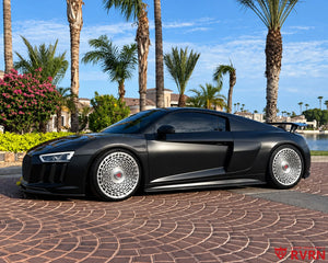 2017 Audi R8 Base in black on RVRN RV-MD02 forged monoblock wheels with a full brushed aluminum finish, front three-quarter view.
