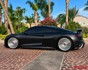 Side profile of a 2017 Audi R8 Base showing the staggered 20x9 front and 20x11 rear RV-MD02 brushed aluminum forged wheels.