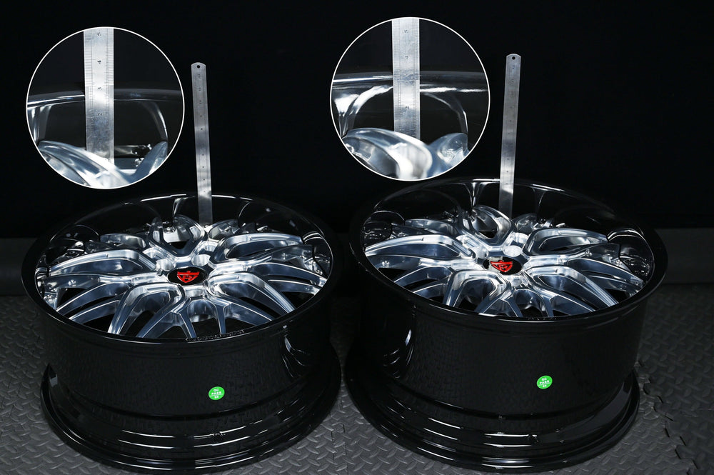 Pair of RVRN RV-T081 two-piece forged BMW 4 Series wheels showing polished multi-spoke faces and glossy black barrels in 20x9 and 20x10.5.