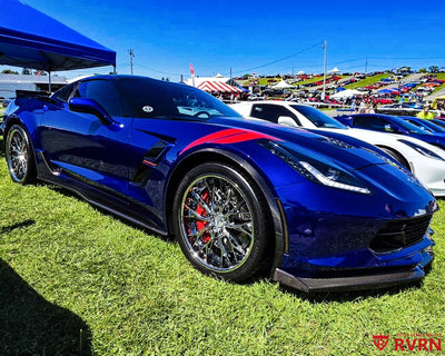 Side profile of 2017 Corvette C7 Grand Sport on RVRN RV-DC04 custom chrome wheels with red brake calipers and carbon fiber aero.