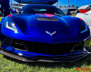Front view of metallic blue 2017 Corvette C7 Grand Sport wearing RVRN RV-DC04 chrome custom forged wheels.