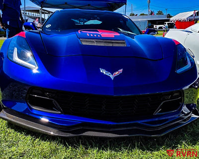 Front view of metallic blue 2017 Corvette C7 Grand Sport wearing RVRN RV-DC04 chrome custom forged wheels.