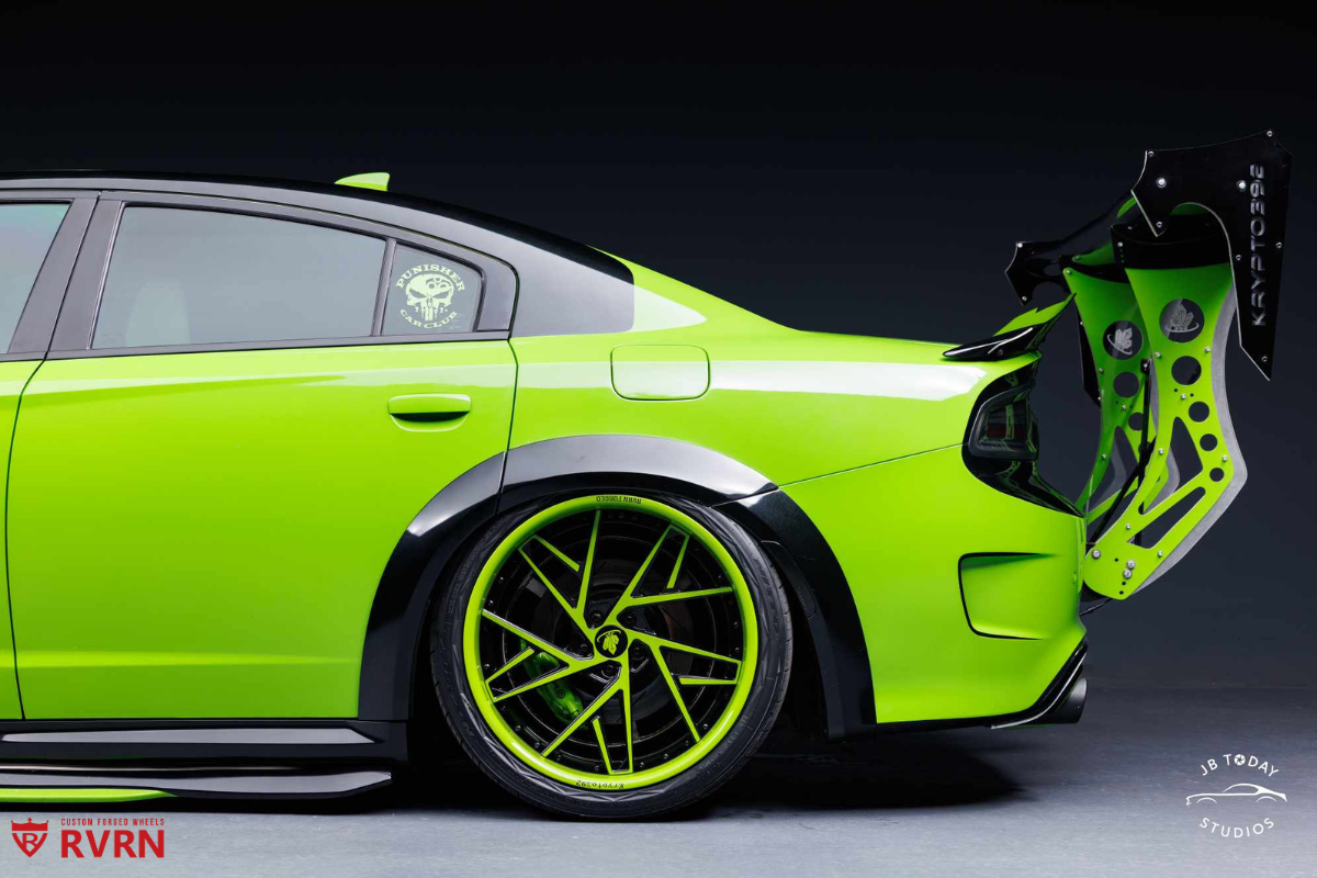 2017 Dodge Charger Daytona 392 Wide Body on RVRN RV-DS74 custom forged 2-piece deep dish step lip wheels with Mopar Green Go and black finish.
