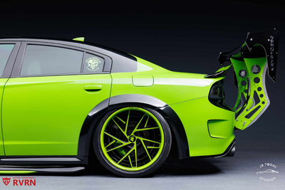 2017 Dodge Charger Daytona 392 Wide Body on RVRN RV-DS74 custom forged 2-piece deep dish step lip wheels with Mopar Green Go and black finish.