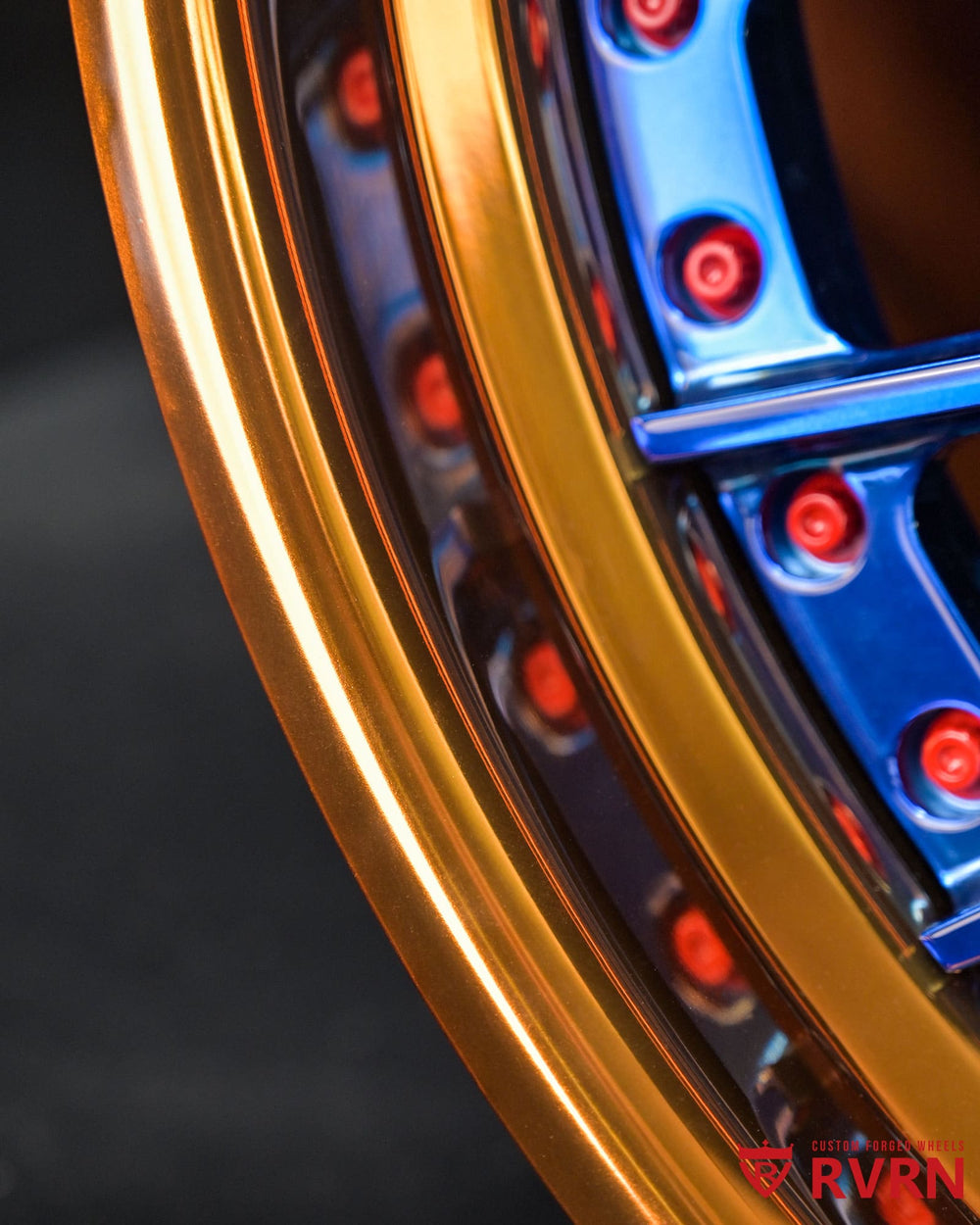RV-DN01 Vanderhall Wheels on 2018 Venice driving, showcasing polished bronze barrel with blue spokes.