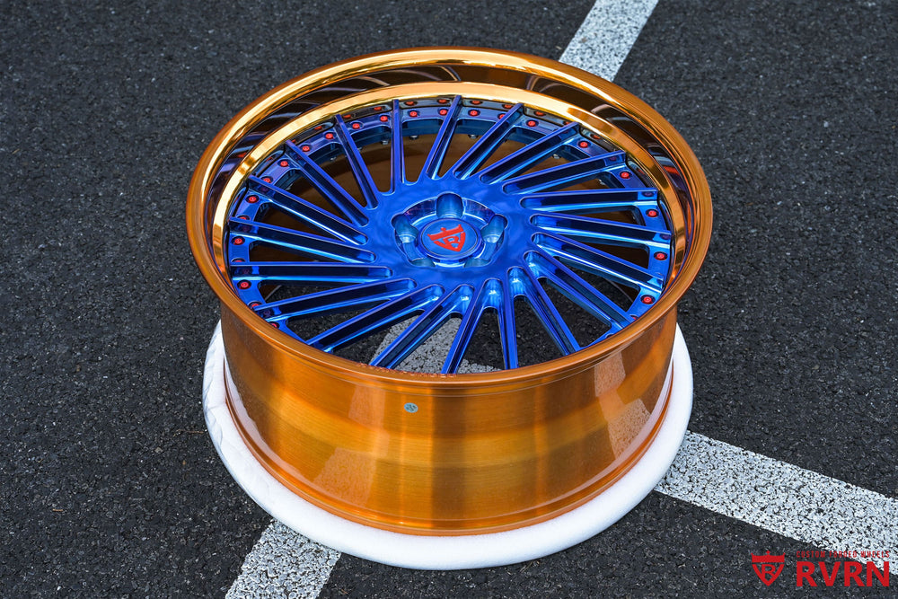 RV-DN01 Vanderhall Wheels front angle view, 22x9 +10MM front & 22x10.5 +40MM rear, polished blue spokes, polished bronze barrel, custom design your own wheels.