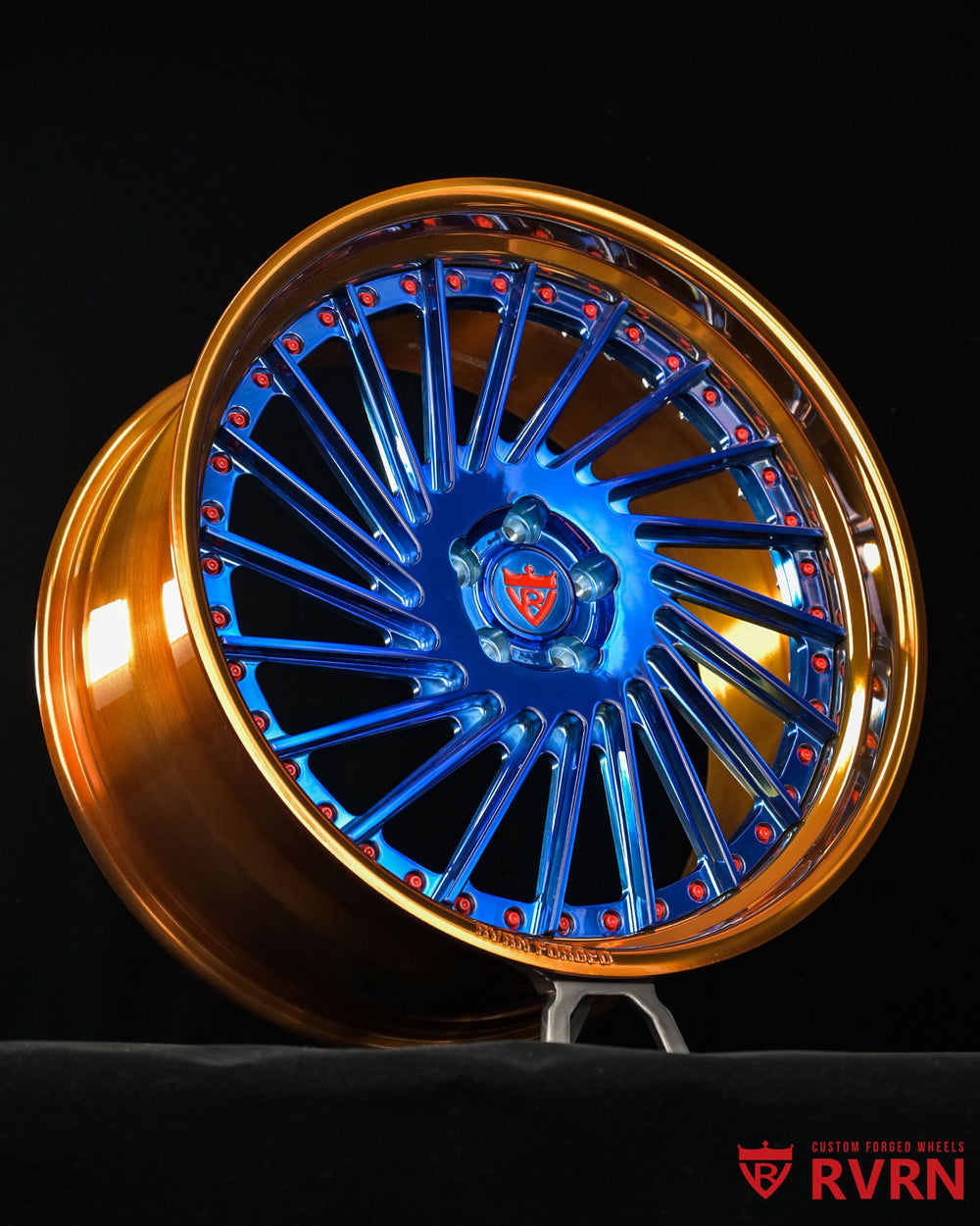 Lighting highlights on polished blue spokes and bronze barrel of RV-DN01 Vanderhall Wheels, 22x9 & 22x10.5 sizes.