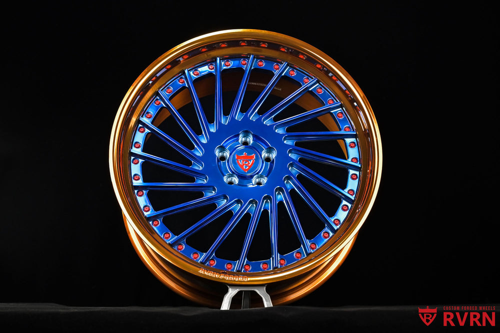 RV-DN01 Vanderhall Wheels installed rear view, 22x10.5 +40MM, polished bronze barrel with polished blue spokes.