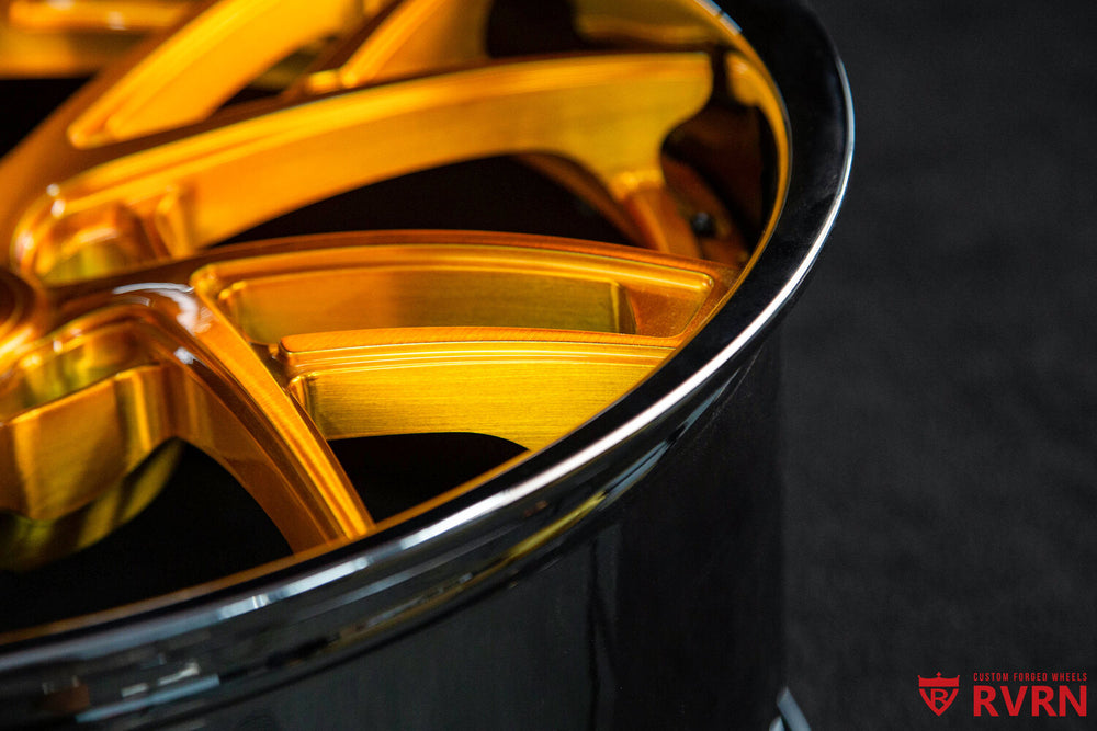 Close-up of Brushed Dark Gold spoke finish on Cadillac CTS-V forged wheels