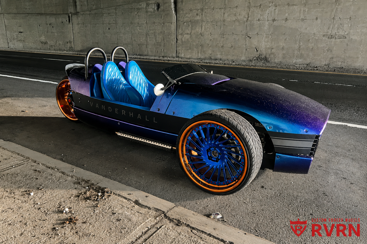 2018 Vanderhall Venice on RVRN RV-DN01 custom forged 2-piece deep dish directional wheels with polished blue spokes and polished bronze barrel in Boston, Massachusetts.