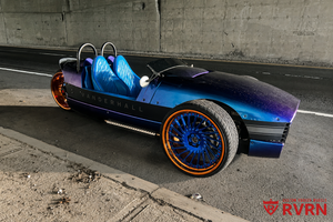 2018 Vanderhall Venice on RVRN RV-DN01 custom forged 2-piece deep dish directional wheels with polished blue spokes and polished bronze barrel in Boston, Massachusetts.