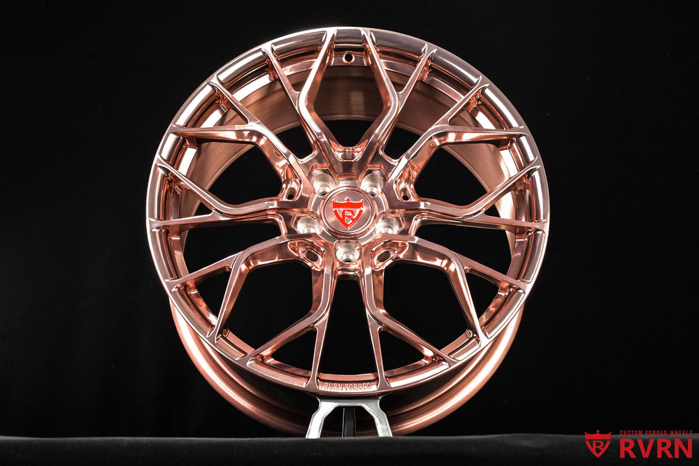 RVRN polished rose gold wheels on an Acura TLX, RV-MR16 Y spoke custom forged design in 20x9 +30mm front and rear.