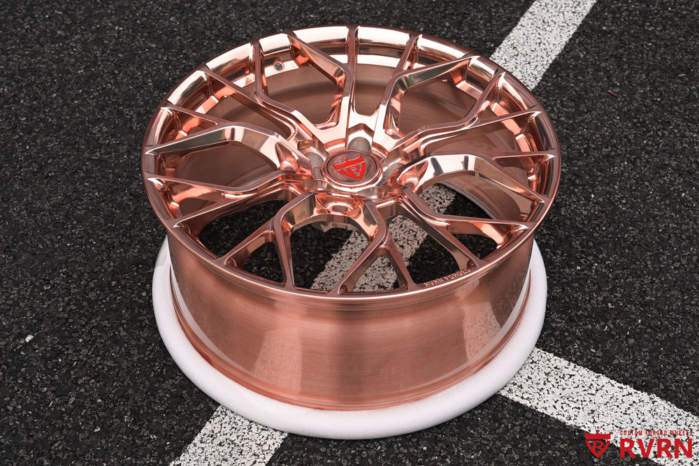 Acura TLX on RVRN RV-MR16 Y spoke wheels in polished rose gold, custom forged 20x9 +30mm front and rear setup.