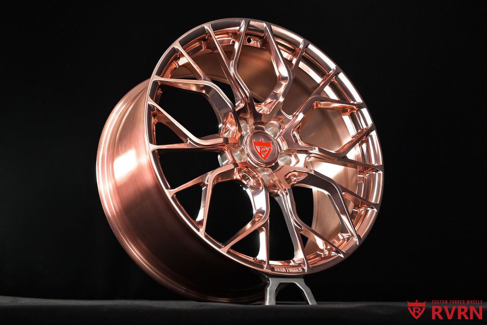 Acura TLX Y spoke forged wheels from RVRN RV-MR16, finished in polished rose gold with 20x9 +30mm fitment on both axles.