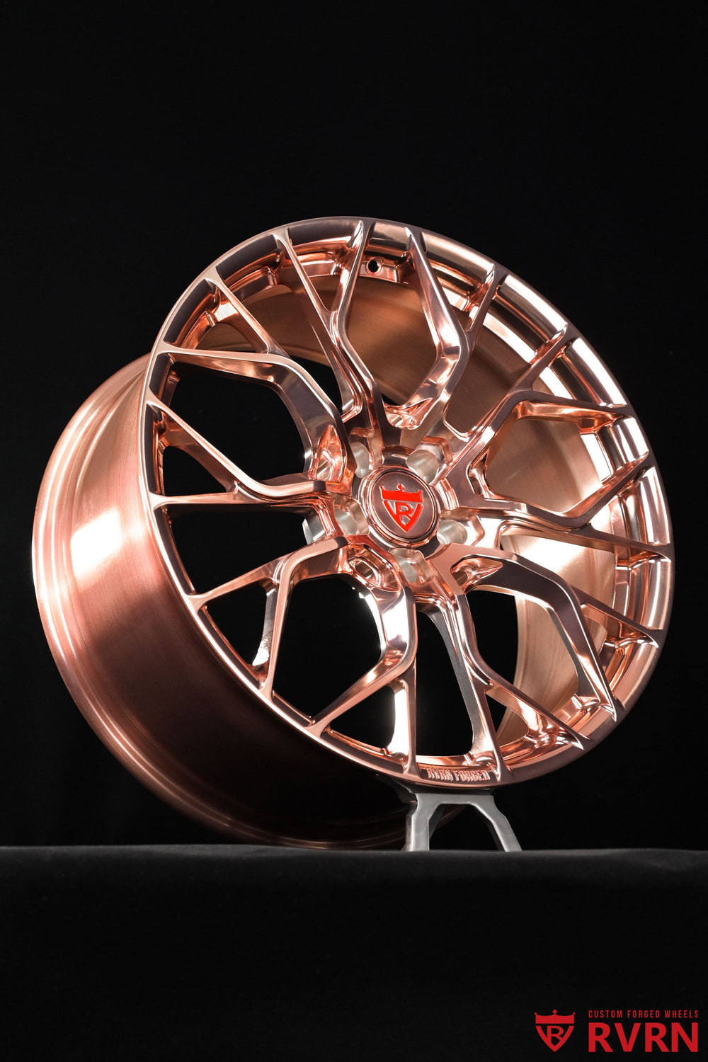RVRN RV-MR16 20x9 forged wheels for Acura TLX, featuring a clean Y spoke profile and polished rose gold finish.