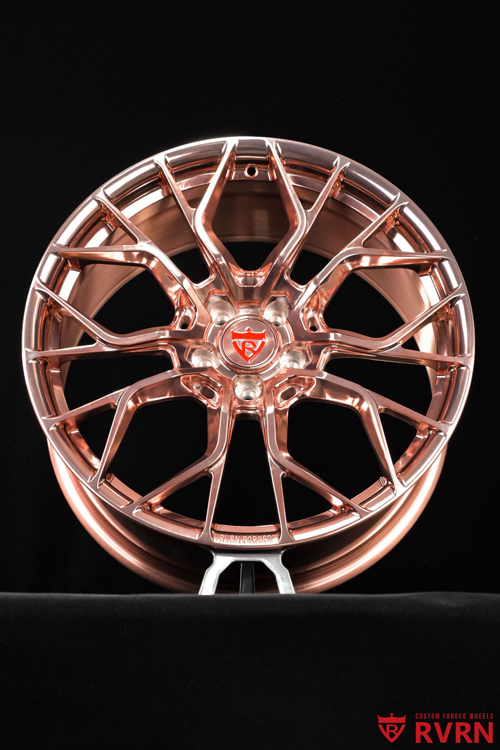 Acura TLX fitted with RVRN forged Y spoke wheels, polished rose gold finish and custom 20x9 +30mm front and rear fitment.