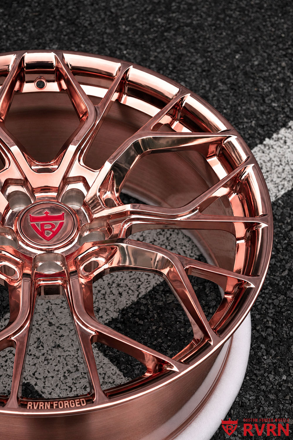RVRN RV-MR16 custom forged Y spoke wheels for Acura TLX, polished rose gold finish with 20x9 +30mm fitment.