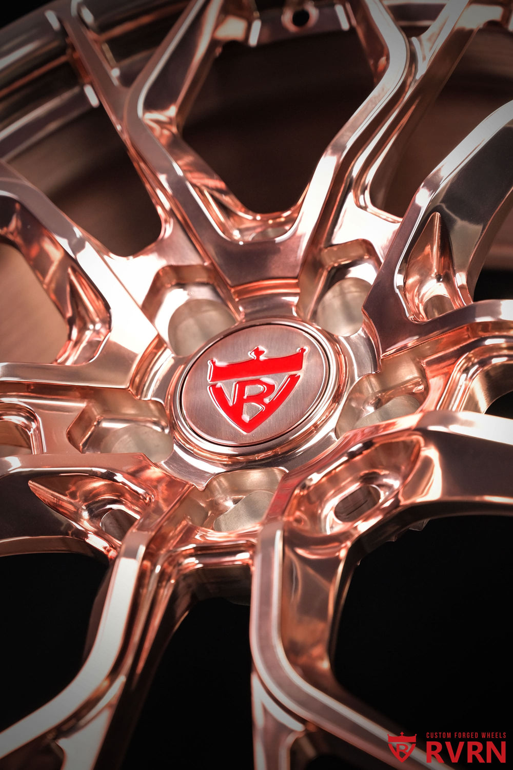 RVRN RV-MR16 Y spoke forged wheels customized for Acura TLX in an all polished rose gold finish, 20x9 +30mm setup.