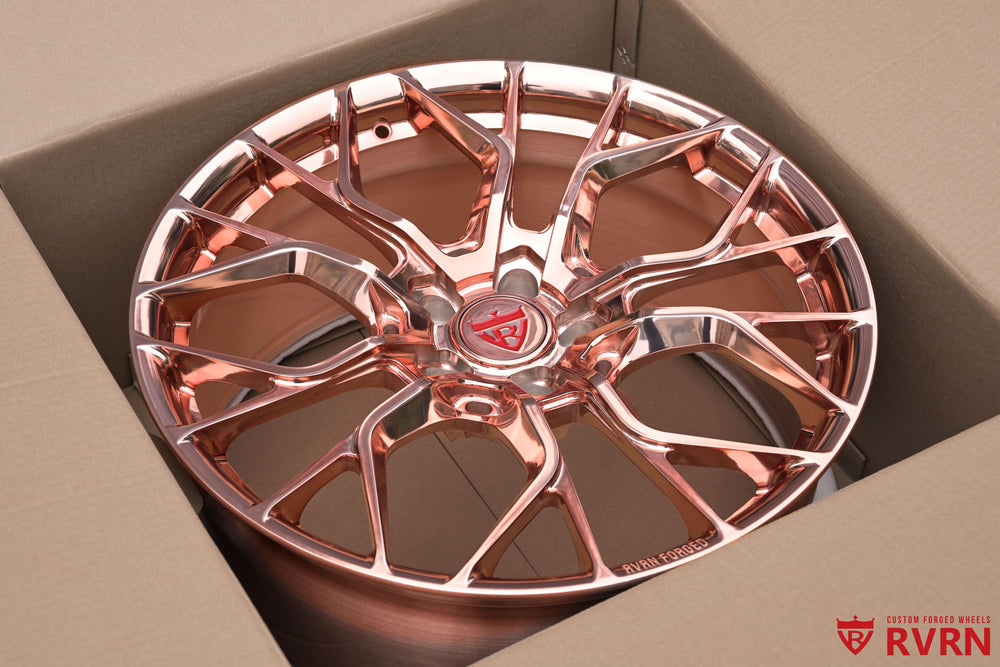 Acura TLX forged wheels featuring the RVRN RV-MR16 Y spoke design, all polished rose gold, 20x9 +30mm fitment.