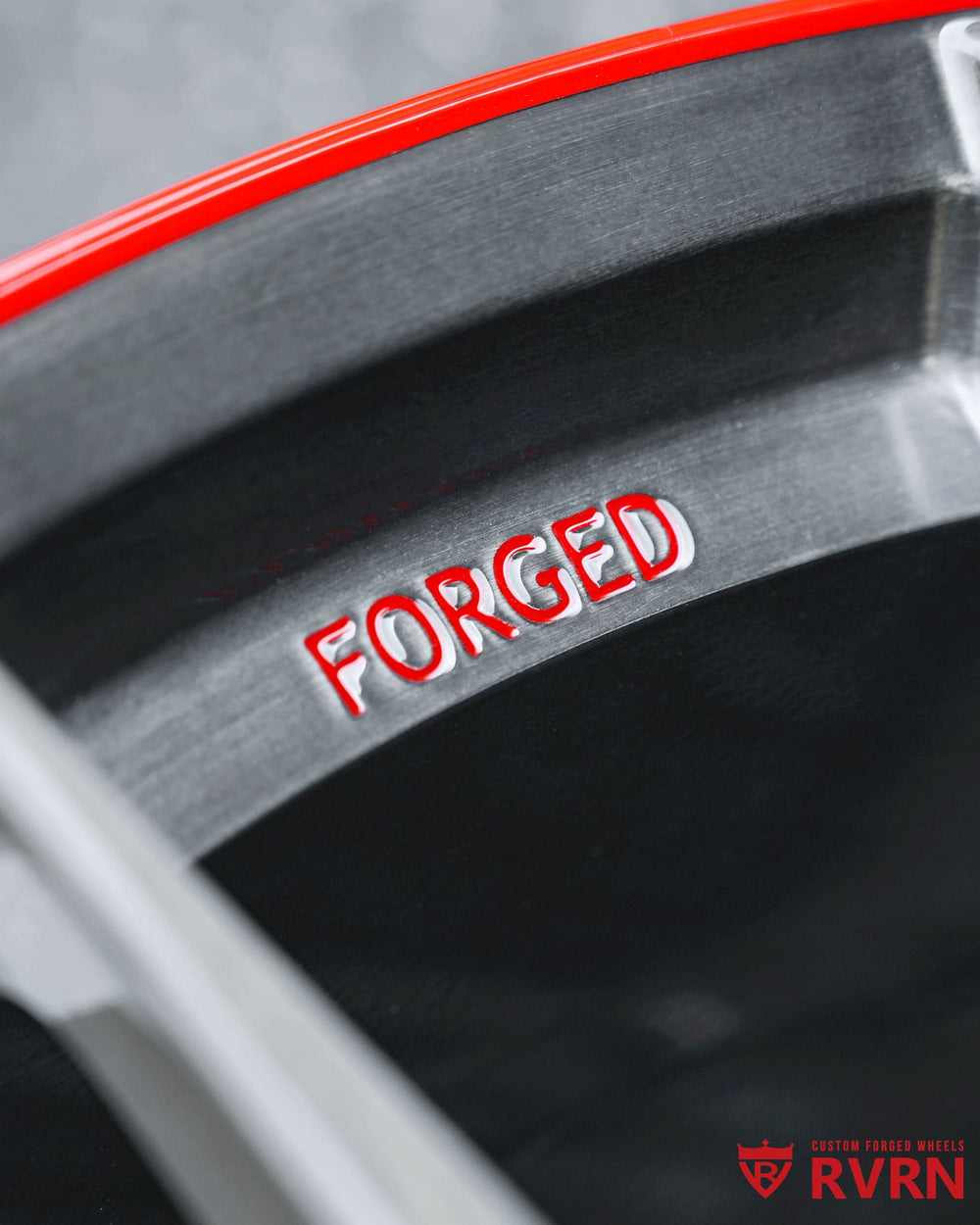 RVRN RV-MR05 20x10.5 +22 Audi RS5 forged wheels with transparent grey barrel and matte red accents
