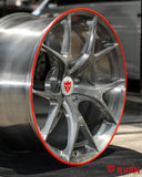 Transparent gunmetal grey Audi wheels with matte red trim designed for high performance RS5 applications