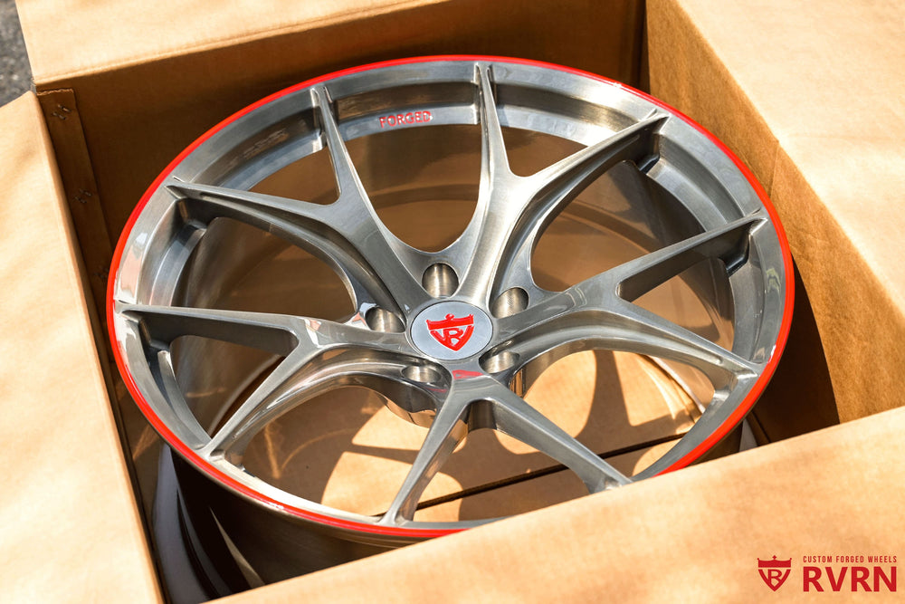Audi RS5 red with grey wheels custom forged monoblock setup in 20x10.5 deep concave specification