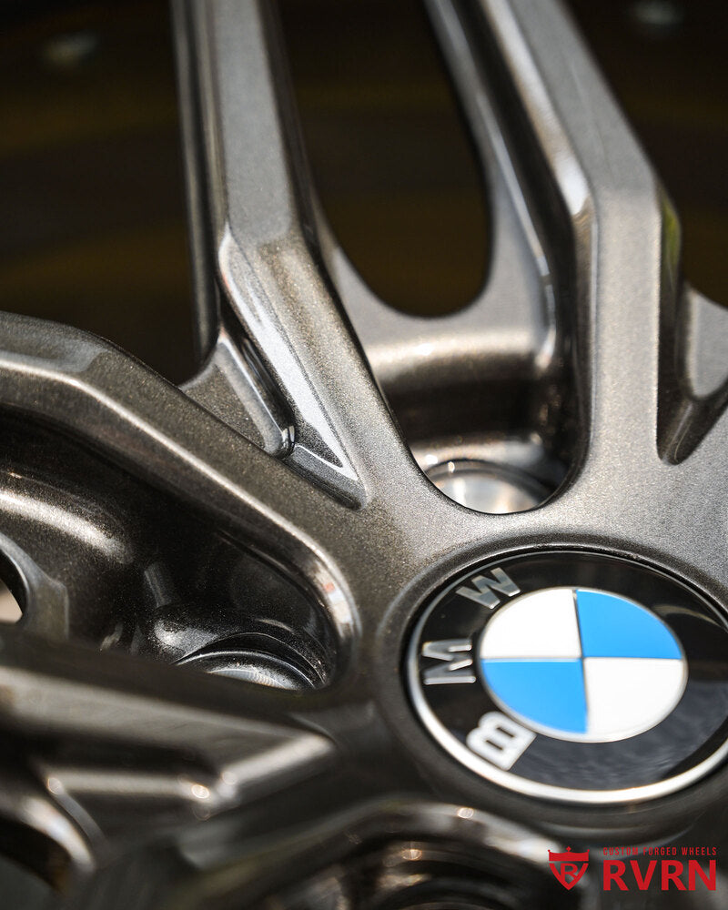 Rear view of BMW forged wheels on 2019 M850i Xdrive
