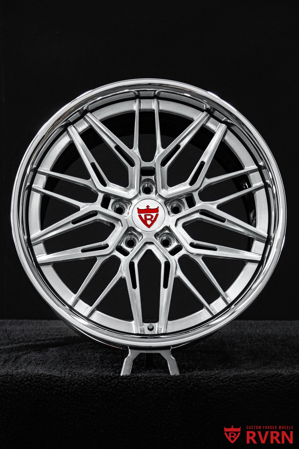 Side view of Corvette C7 forged wheels from the RVRN RV-C081 series, showing the Y-spoke profile, chrome barrel and brushed aluminum finish on a 2019 C7 Grand Sport