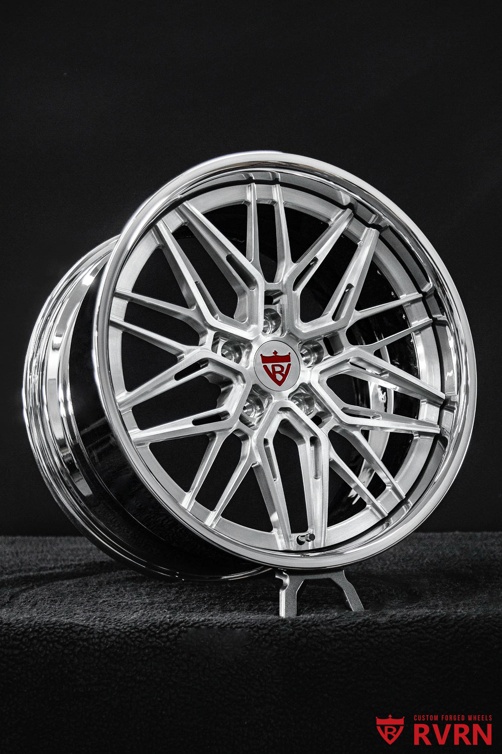 RVRN RV-C081 Y-spoke wheels customized for a 2019 Corvette C7 Grand Sport, with brushed aluminum spokes and chrome barrel in 19x10.5 front and 19x13 rear