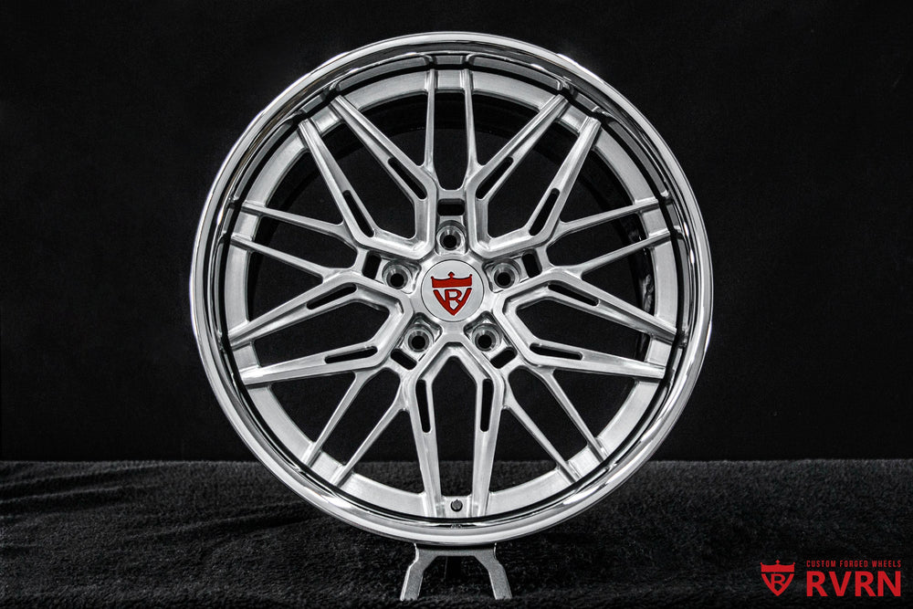 Front view of 2019 Corvette C7 Grand Sport wheels featuring RVRN RV-C081 2-piece forged Y-spoke wheels in chrome barrel and brushed aluminum spokes, 19x10.5 front and 19x13 rear