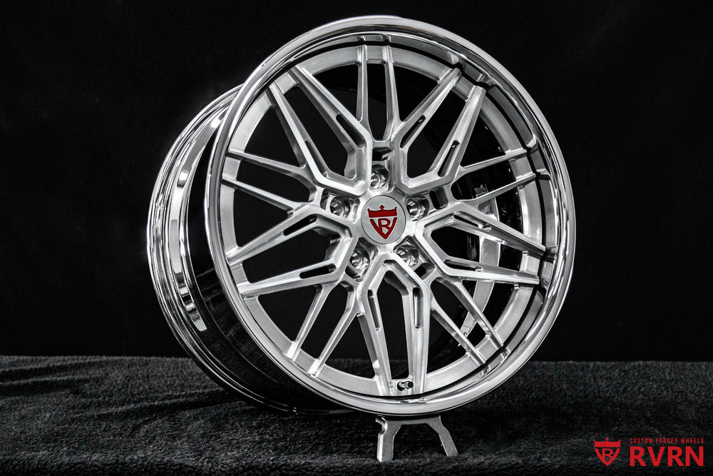 2019 Corvette C7 Grand Sport equipped with RVRN RV-C081 custom 2-piece forged wheels, featuring Y-spoke design, chrome barrel, brushed aluminum spokes, 19x10.5 and 19x13 fitment