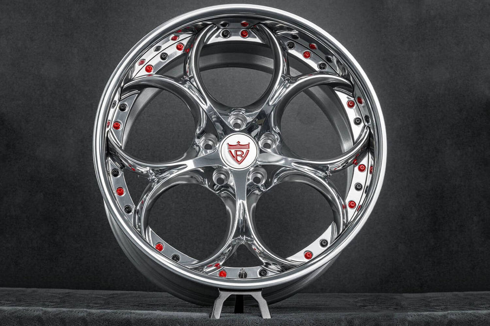 Polished five-spoke RVRN RV-DS016 forged wheel with red and black rim screws, custom deep dish wheels for the 2019 Corvette C7 Grand Sport