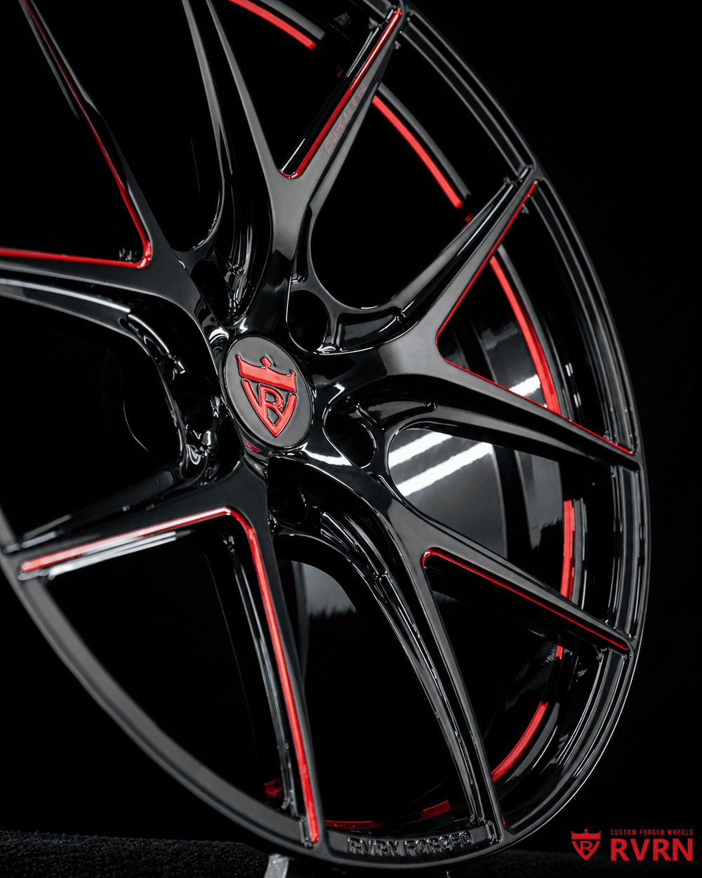 Corvette C7 forged wheels RV-MC61 shown from an angled view featuring Gloss Black finish, red accents and lightweight forged Y spoke design, 19x10 and 20x12 fitment.